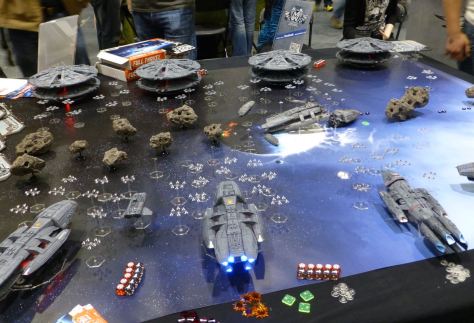 Custom built Battlestar Galactica models in battle