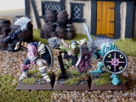 Front view of three Slaaneshi Warriors of Chaos with shields