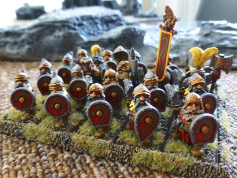 Prince Ulther's Dwarfs lined up in shieldwall formation