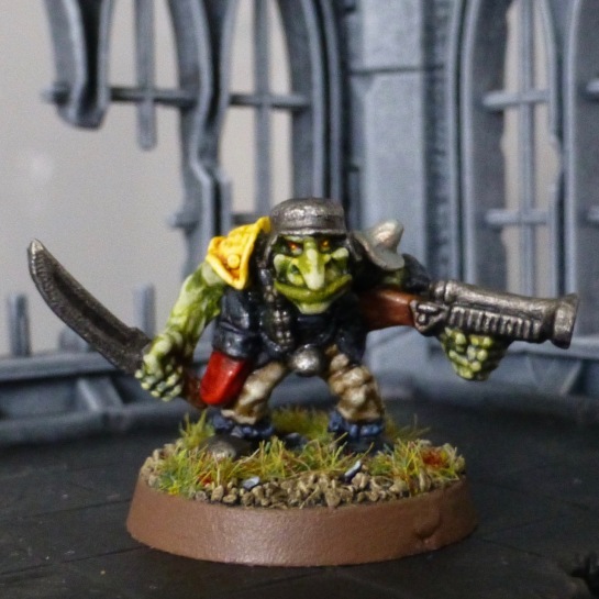 Goblin with sword, shotgun and steel helmet