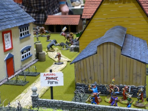 Farm buildings with anthropomorphic animals carrying swords