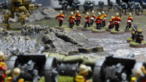 Squad of soldiers from behind in the distance with two laser cannons in the foreground