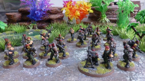 Three units of Catachan soldiers in a jungle environment
