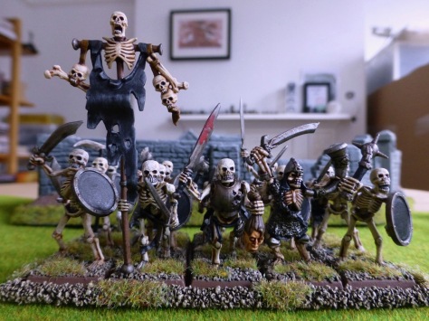 Rank and file skeletal warriors marching under a black banner