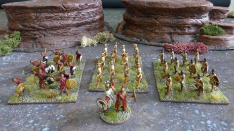 Three blocks of light infantry and a stand with two command figures