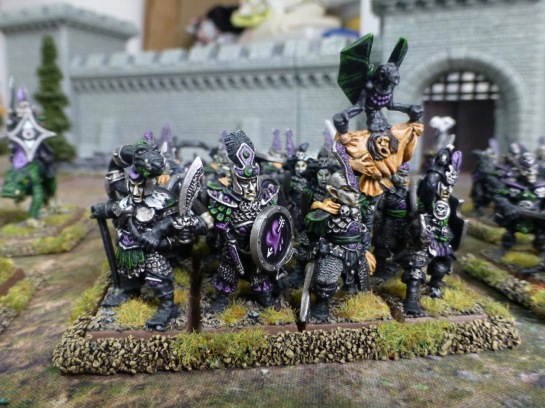 Dark Elf warriors in chainmail with purple and black livery